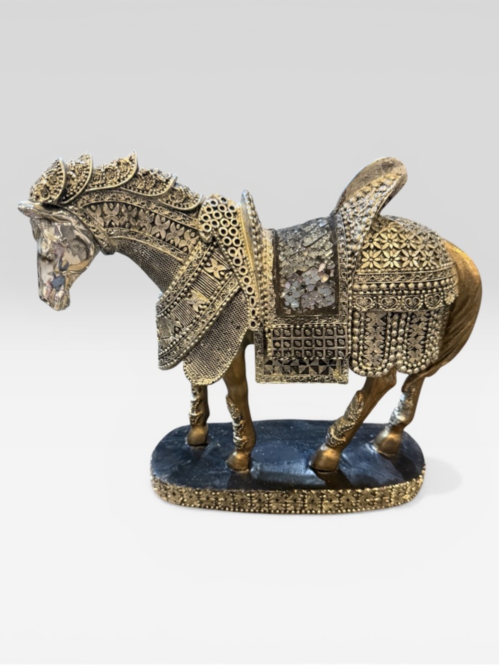 Silver Tone Horse Statue Figurine Ornate Renaissance Theme Mirror Saddle